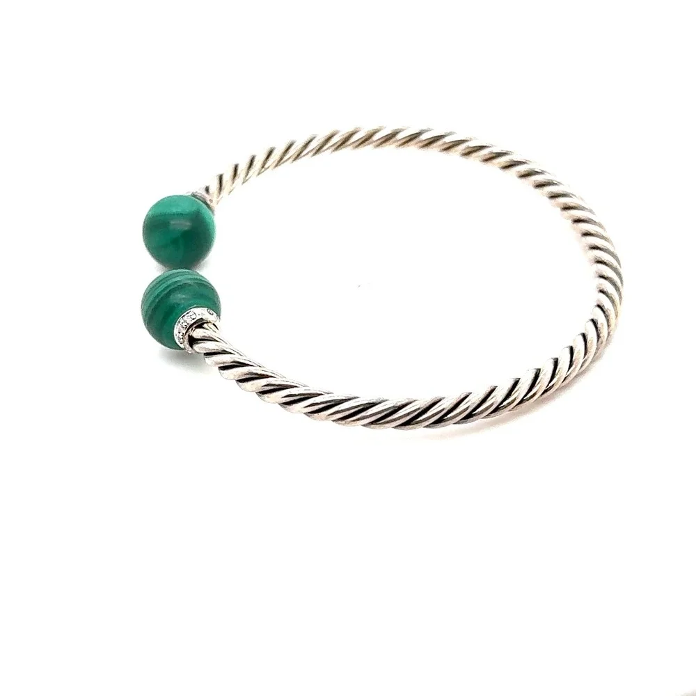 David Yurman Solari Malachite Diamond Sterling Silver Cable Bypass Bracelet M